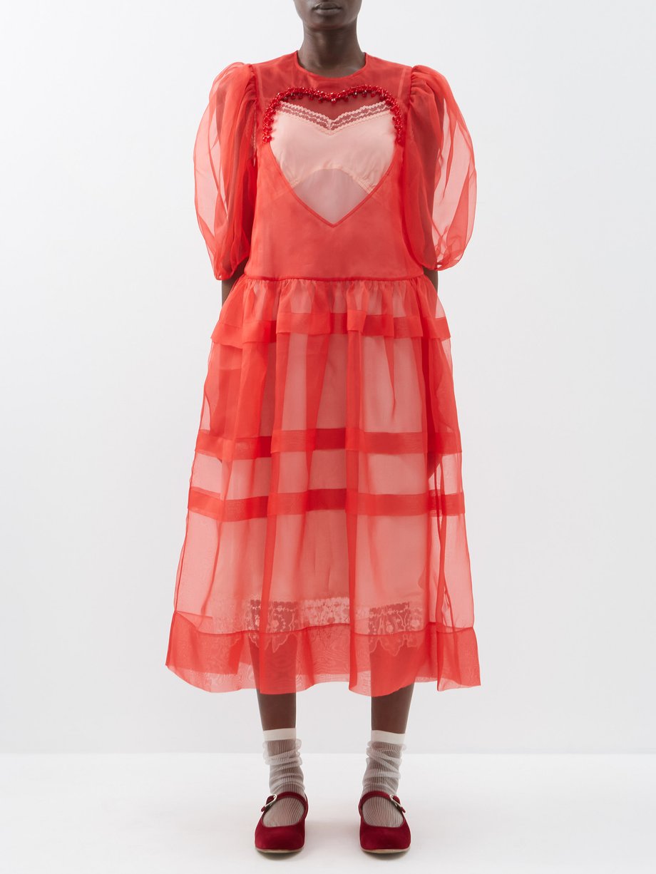 Red Beaded heart-insert silk-organza midi dress | Simone Rocha ...