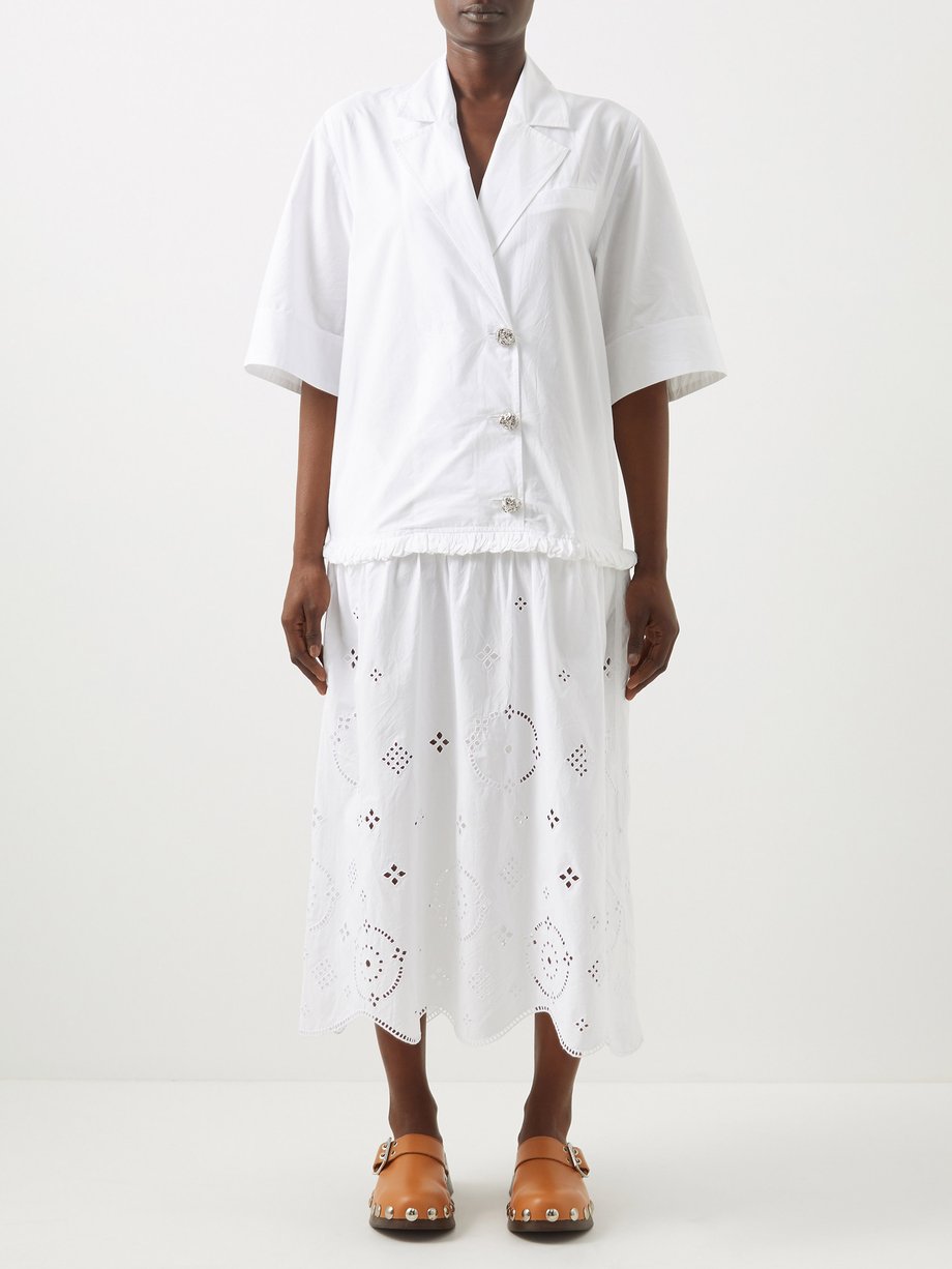 가니 원피스 Ganni WHITE Broderie-anglaise cotton-poplin shirt dress
