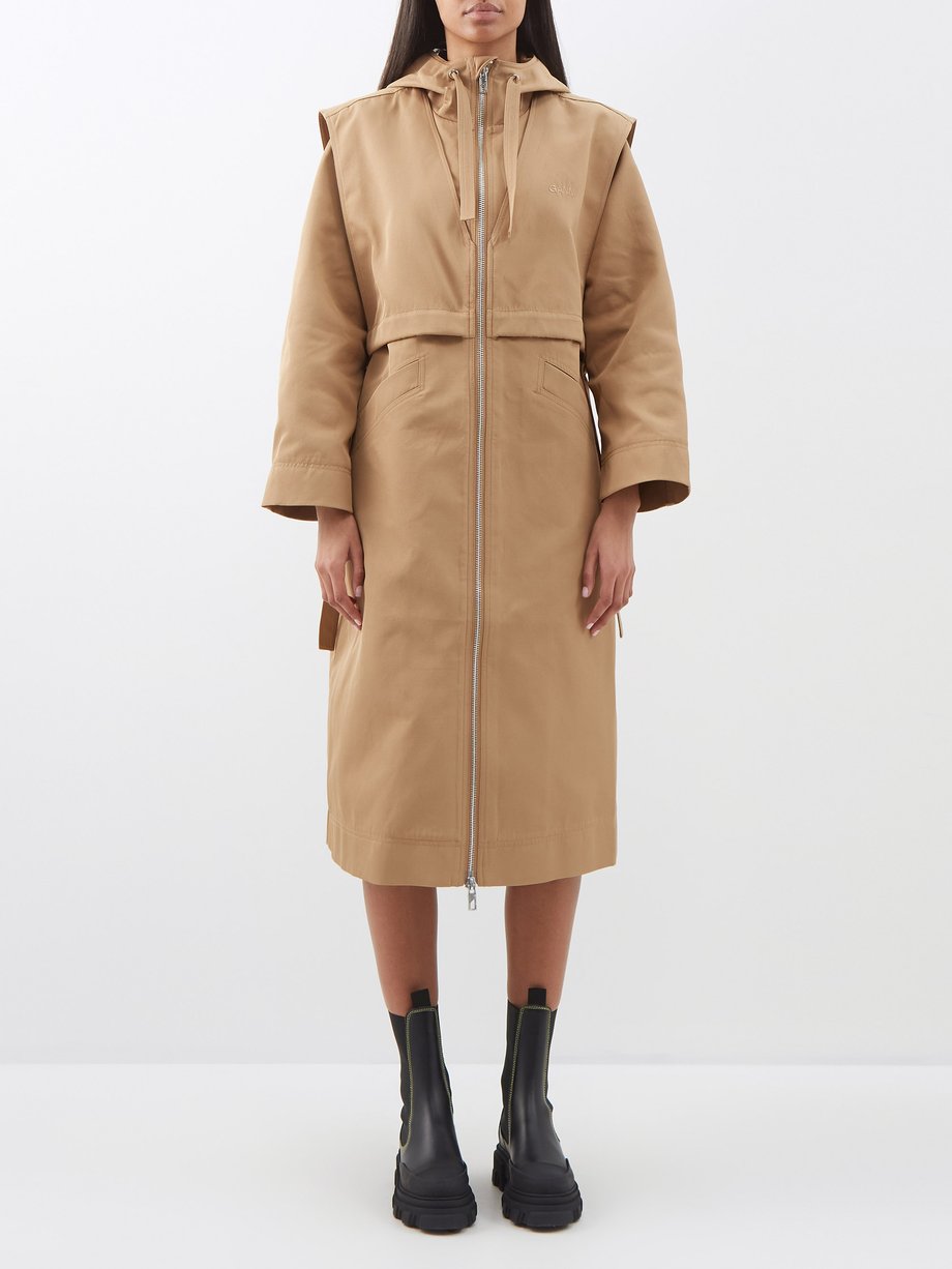 Beige Zipped hooded gabardine coat | Ganni | MATCHESFASHION AU