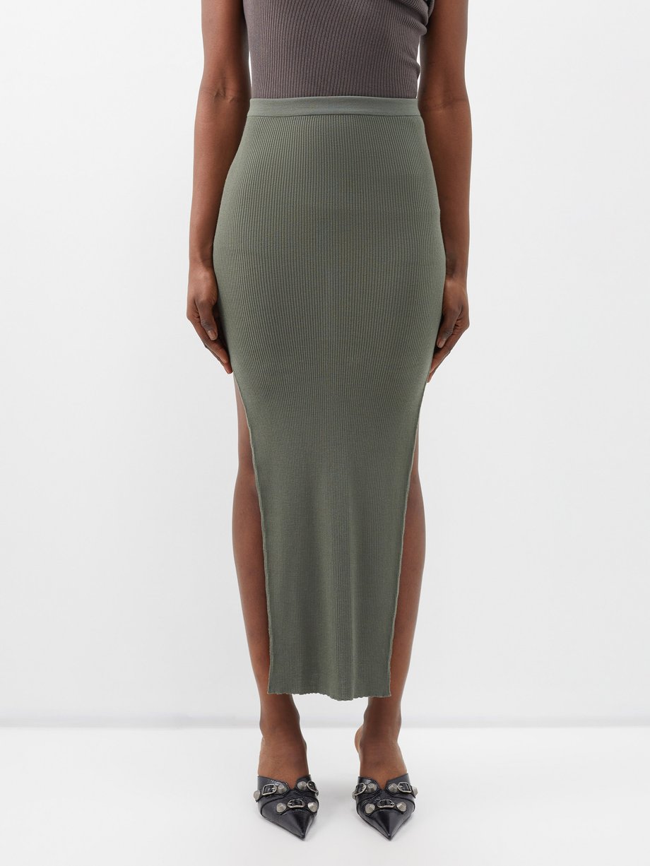 Rick Owens Green Raw-edged ribbed wool-blend jersey midi skirt | 매치스패션 ...