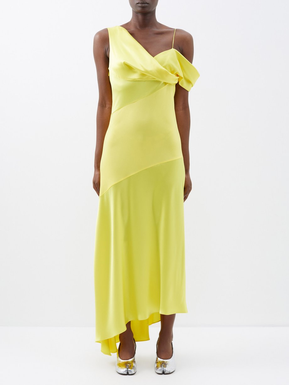 LOEWE Yellow Asymmetric draped satin maxi dress | 매치스패션, 모던 럭셔리 온라인 쇼핑