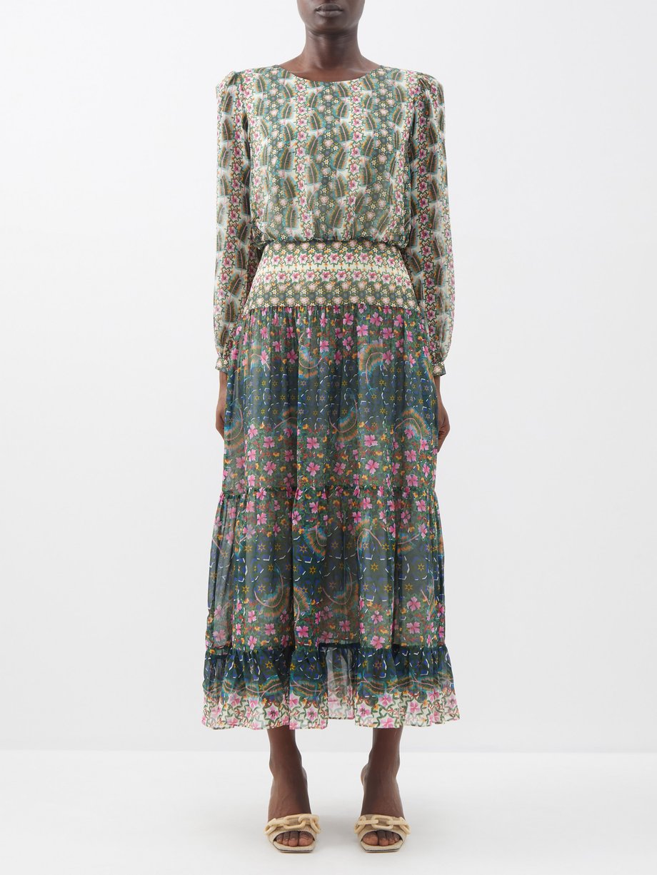 Green Isabel floral-print silk midi dress | Saloni | MATCHESFASHION US