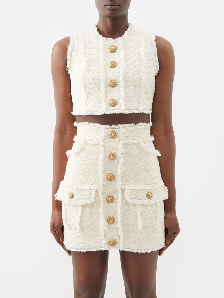 Frayed-trim tweed sleeveless cropped top White Balmain | MATCHESFASHION FR