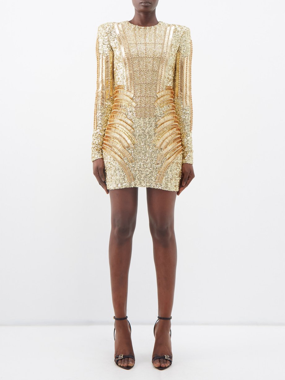 Gold Sequinned long-sleeved dress | Balmain | MATCHESFASHION US