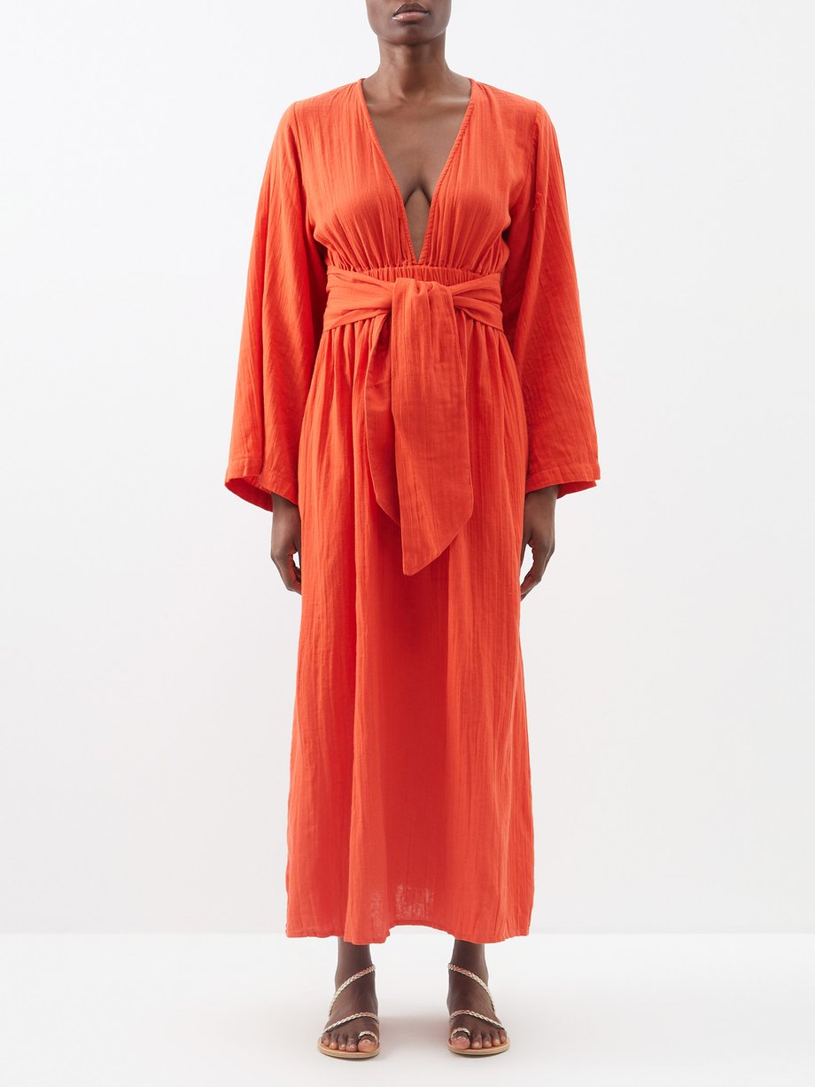 Red Blair Belted Organic Cotton Midi Dress Mara Hoffman Matchesfashion Uk