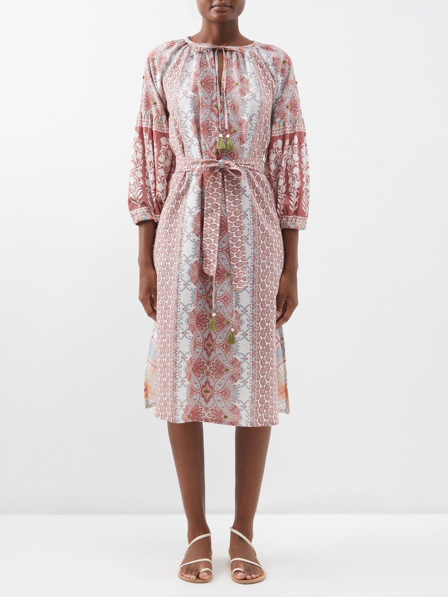 Red Tula paisley-print cotton-khadi belted dress | D'Ascoli ...