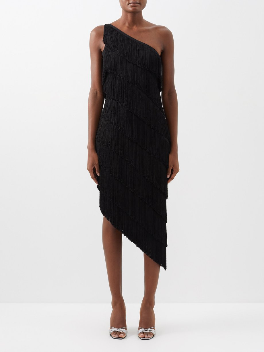 Norma Kamali Black One-shoulder fringed jersey dress | 매치스패션, 모던 럭셔리 온라인 쇼핑