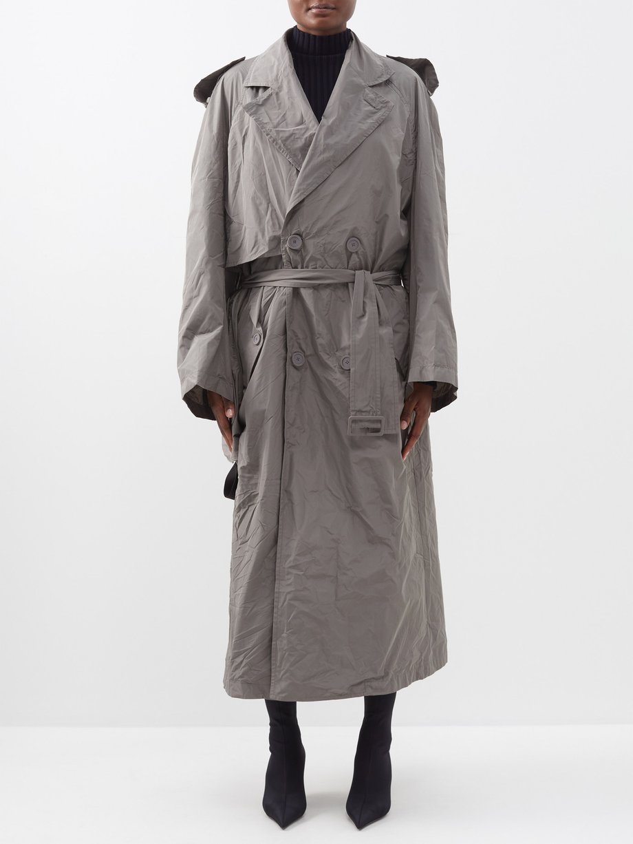 Balenciaga Grey Belted crinkled-taffeta trench coat | 매치스패션, 모던 럭셔리 온라인 쇼핑