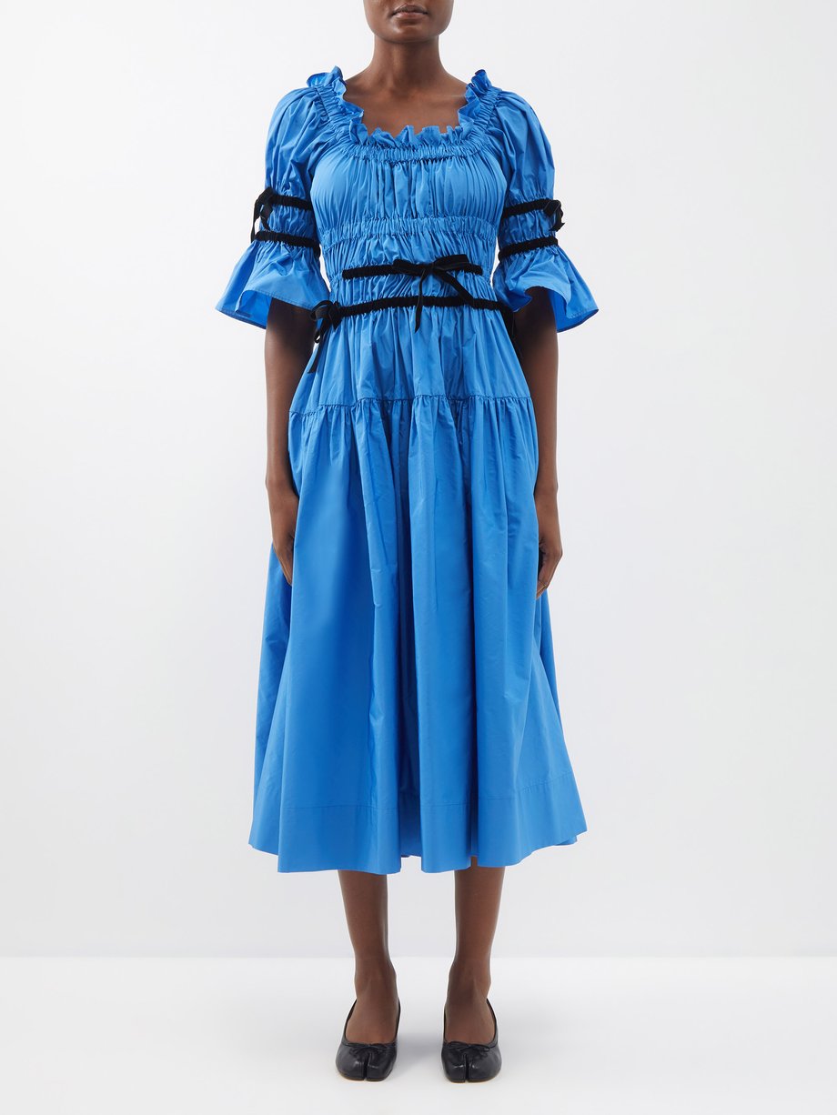 Molly Goddard Blue Mikha velvet-trim shirred taffeta midi dress | 매치스패션 ...