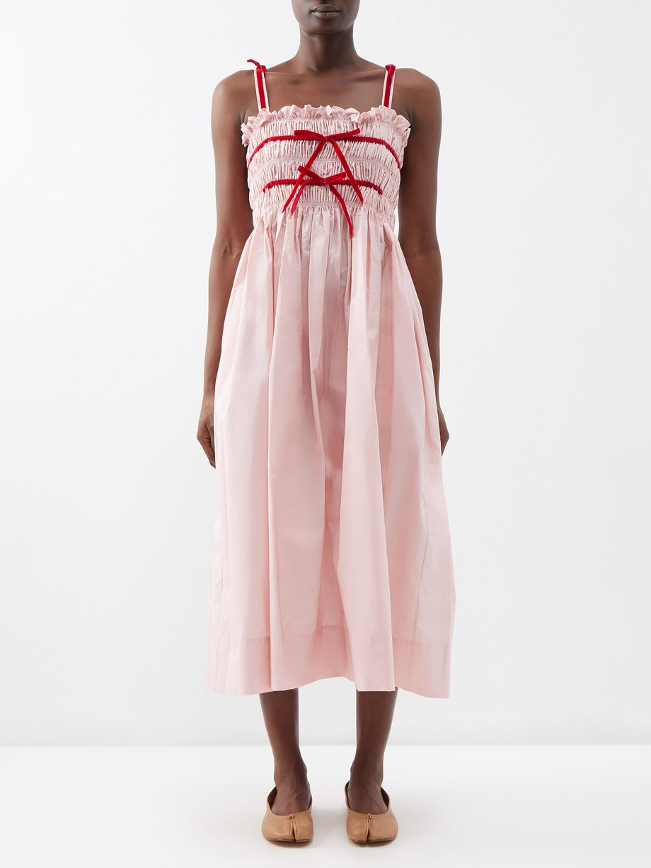 Molly Goddard Pink Kate velvet-trim shirred taffeta midi dress | 매치스패션 ...