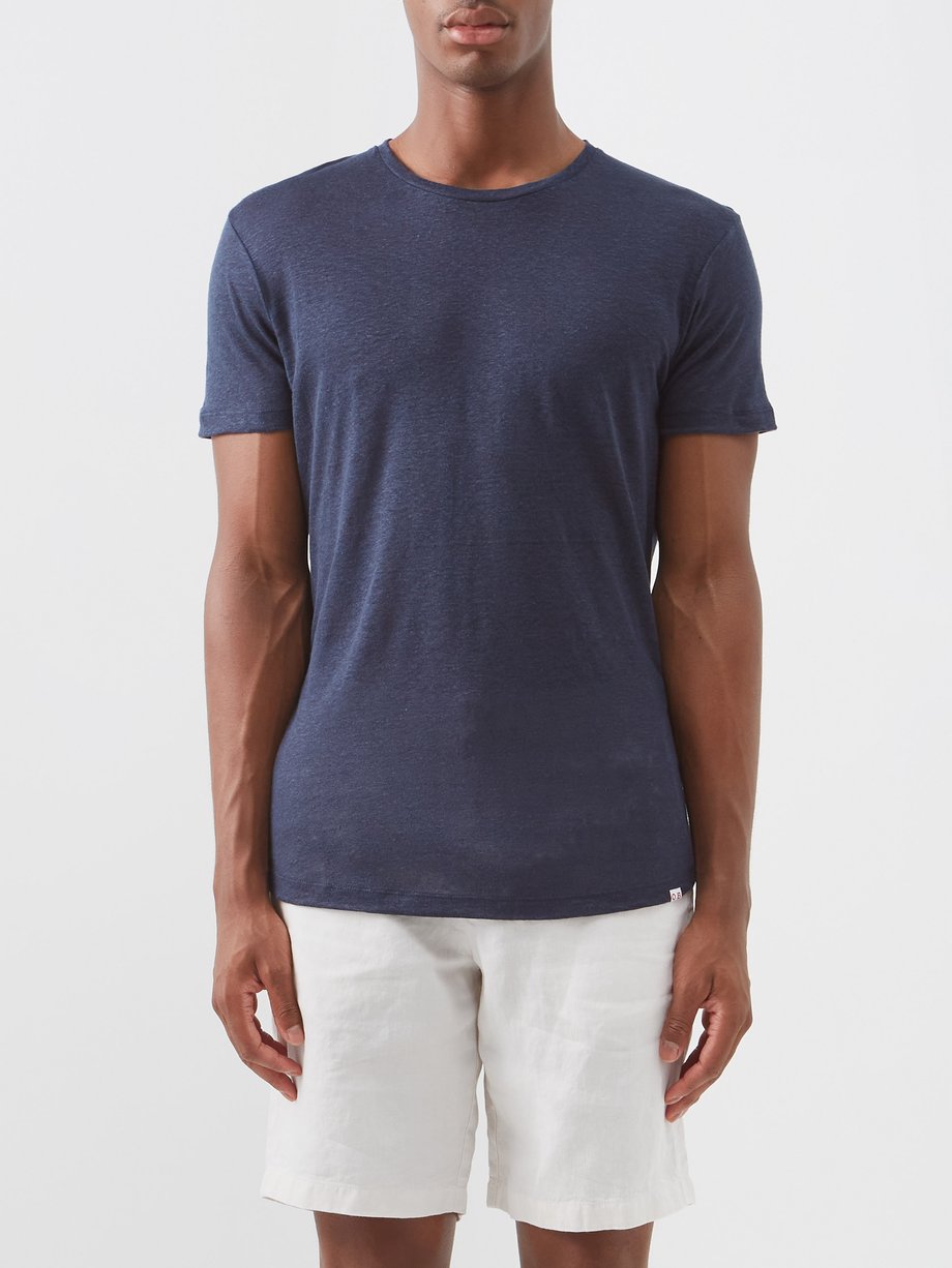 Orlebar Brown NAVY Crew-neck linen T-shirt | 매치스패션, 모던 럭셔리 온라인 쇼핑