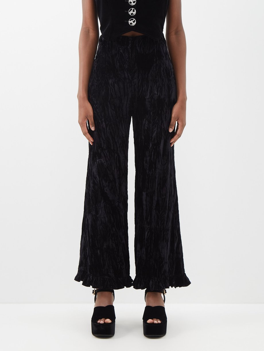 Batsheva Black Ruffled crushed-velvet trousers | 매치스패션, 모던 럭셔리 온라인 쇼핑