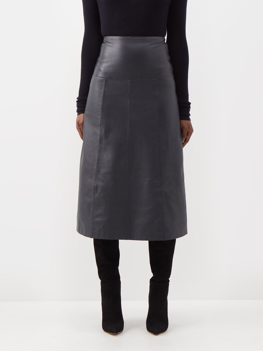 Cefinn Navy Tiana panelled leather midi skirt | 매치스패션, 모던 럭셔리 온라인 쇼핑