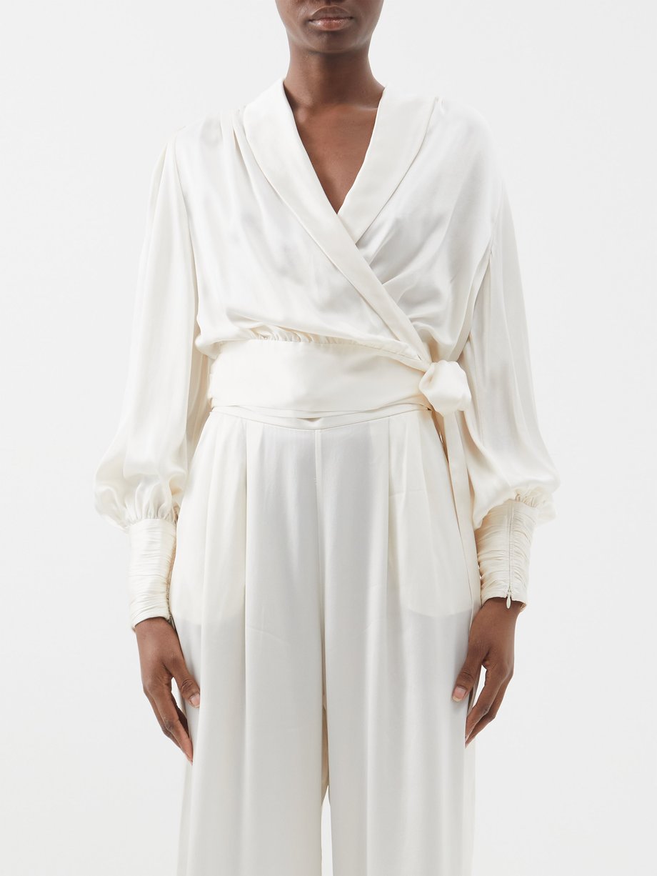 Zimmermann White Shawl-collar cropped silk wrap blouse | 매치스패션, 모던 럭셔리 ...