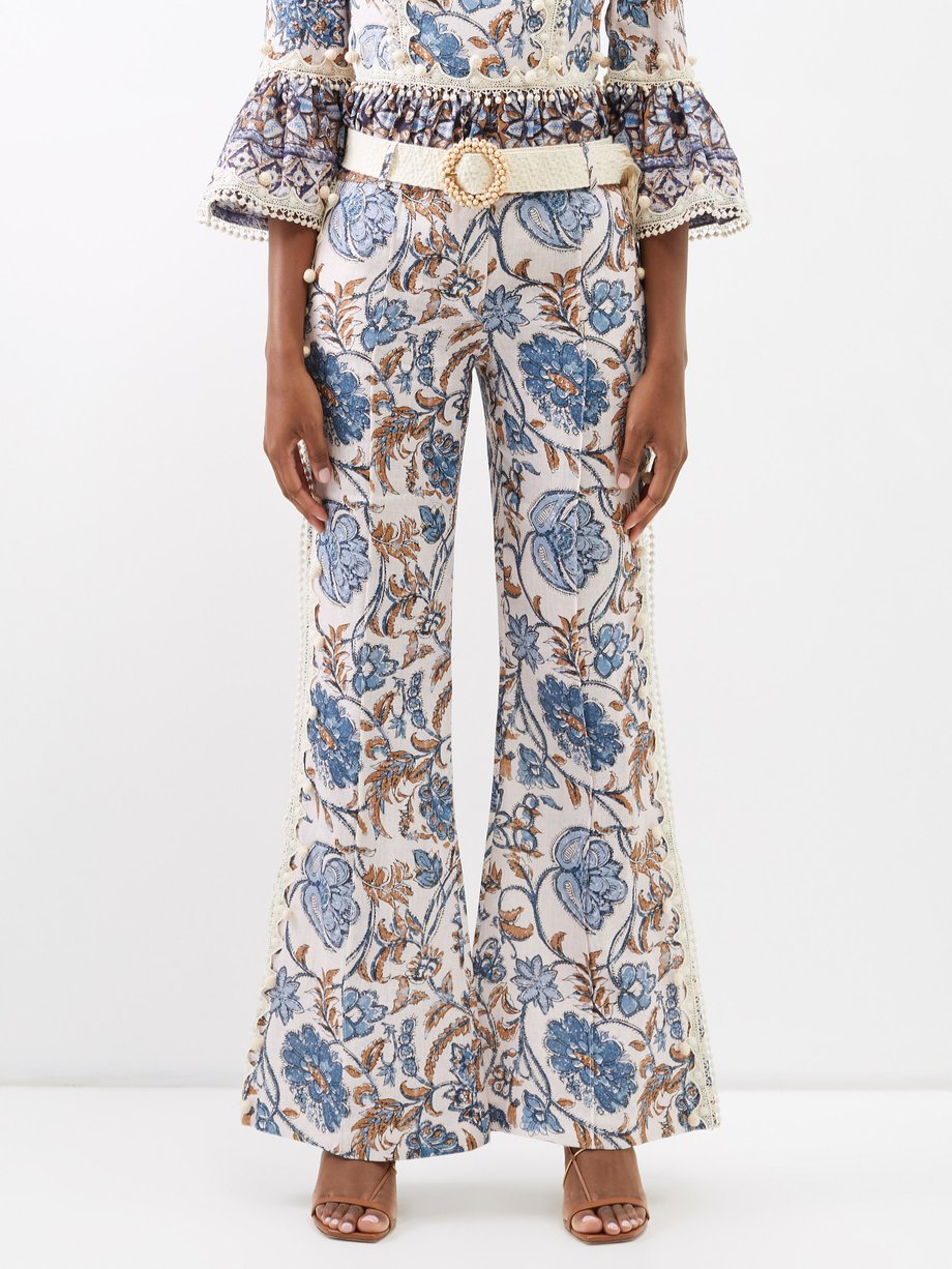 Vitali lace-trimmed floral-print flared trousers Blue Zimmermann ...