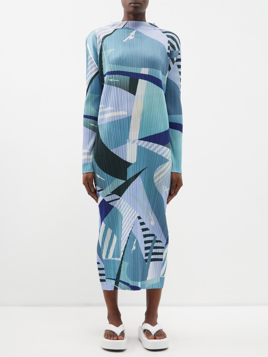 Abstract-print technical-pleated midi dress