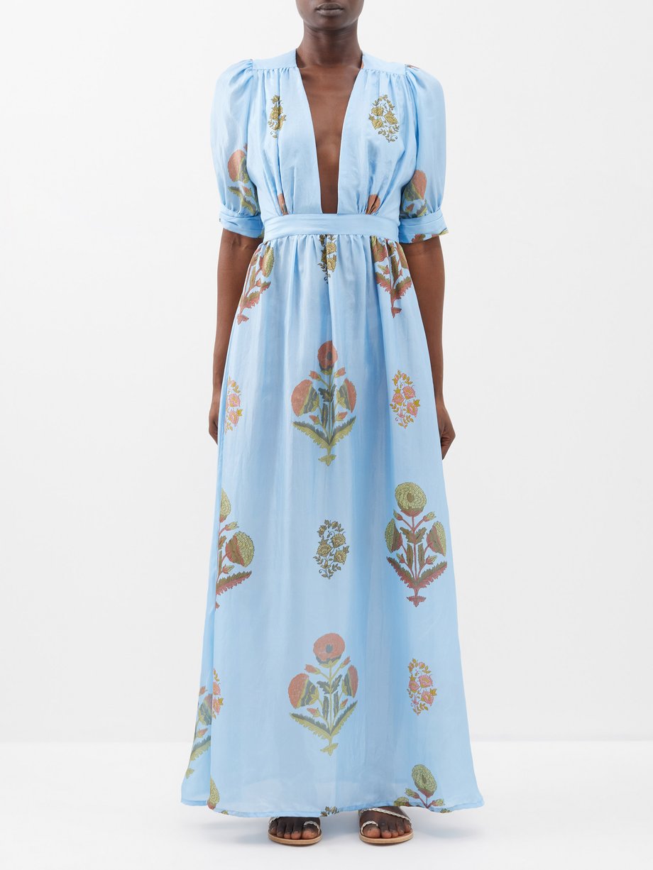 Hannah Artwear Blue Surya floral-print plunge-neck silk maxi dress