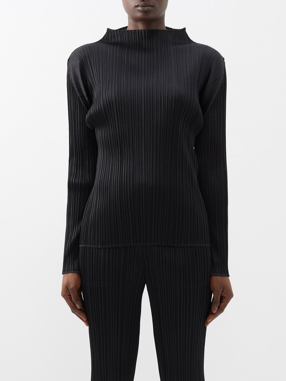 Black High-neck technical-pleated top | Pleats Please Issey Miyake