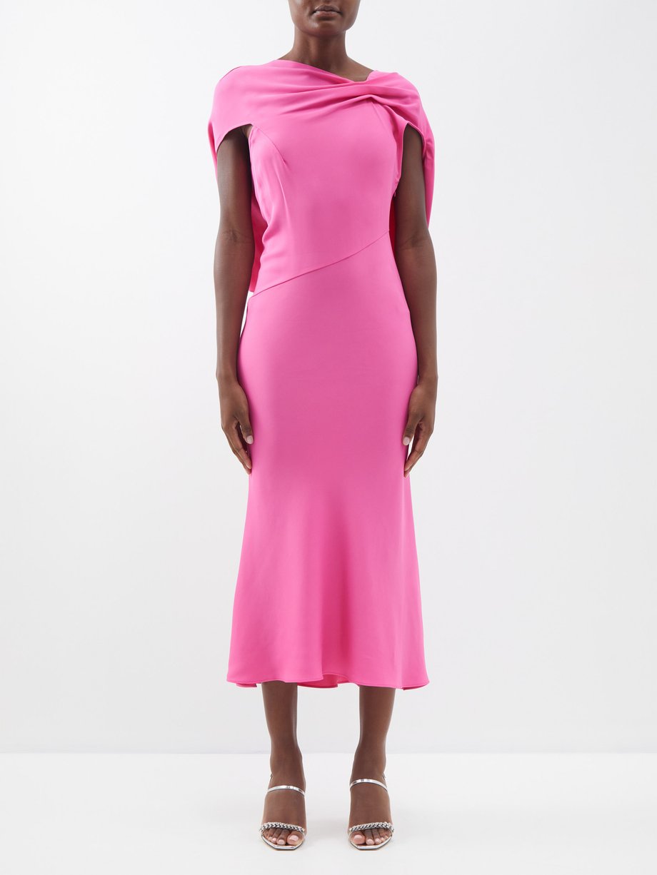 Roland Mouret Pink Draped fluted-hem crepe midi dress | 매치스패션, 모던 럭셔리 ...