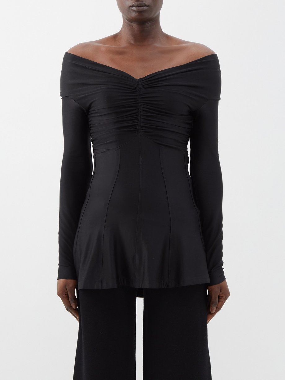 Paco Rabanne Black Off-the-shoulder ruched-jersey top | 매치스패션, 모던 럭셔리 ...