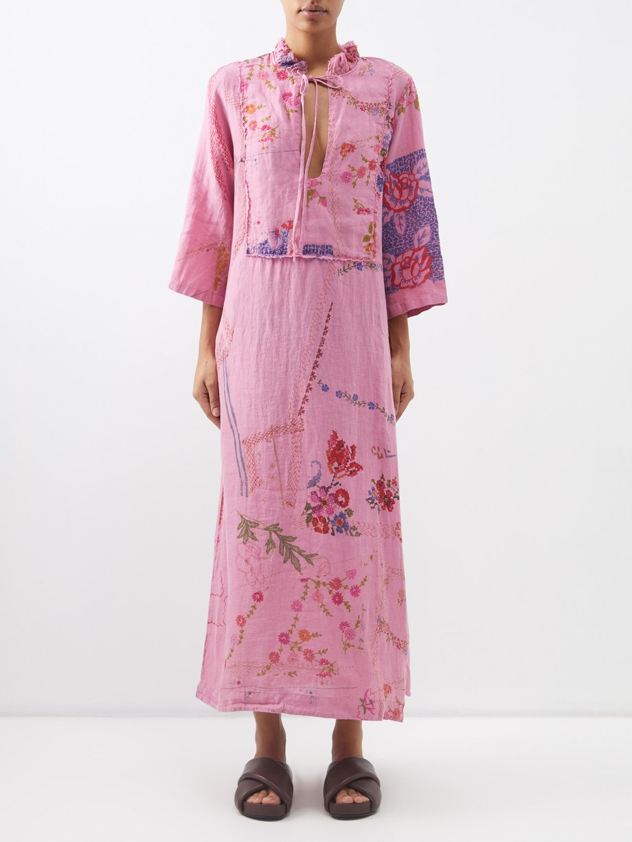 Pink Lee patchwork vintage-linen dress | By Walid | MATCHESFASHION AU