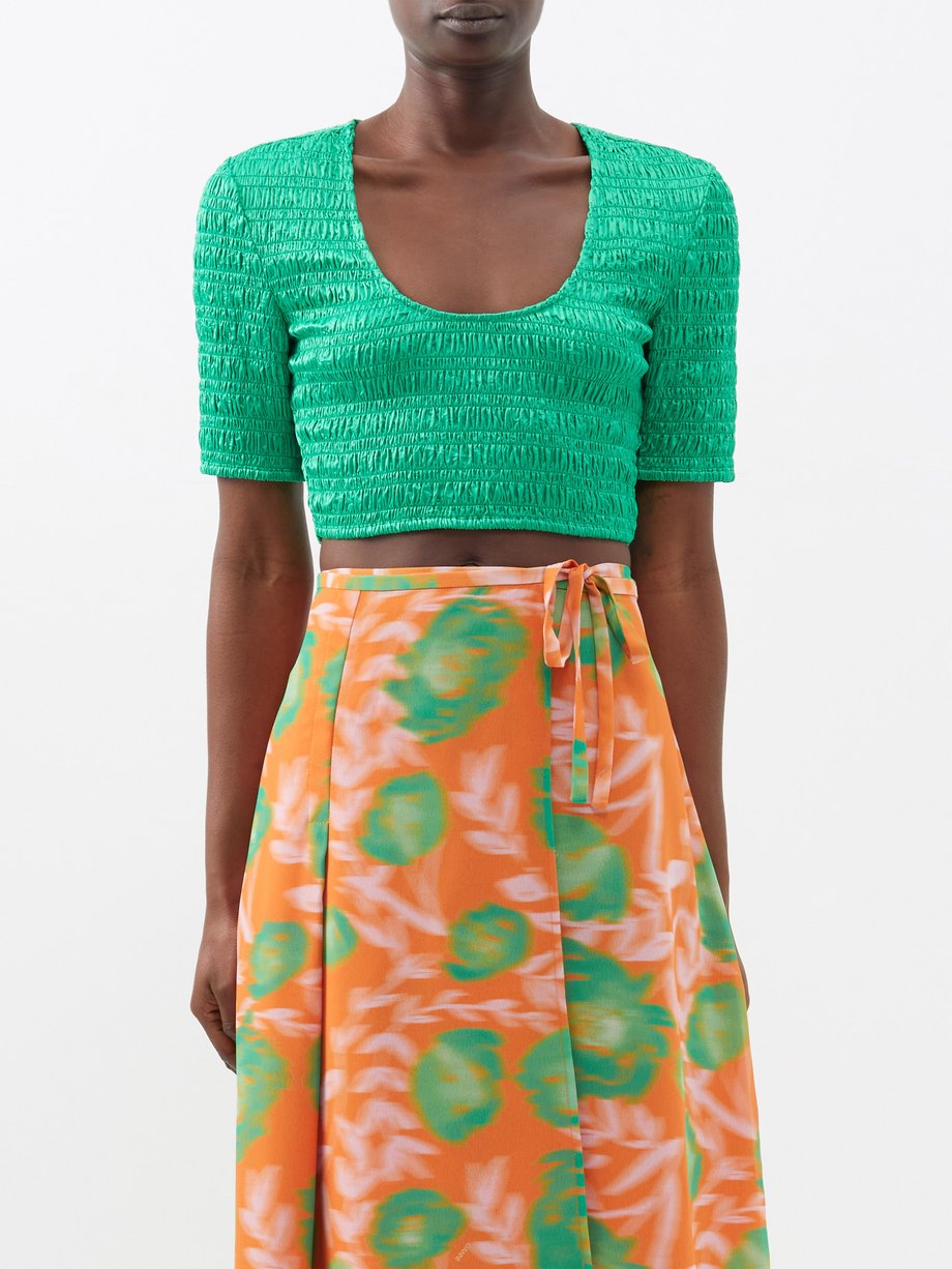 Green Smocked Satin Cropped Top Ganni Matchesfashion Uk