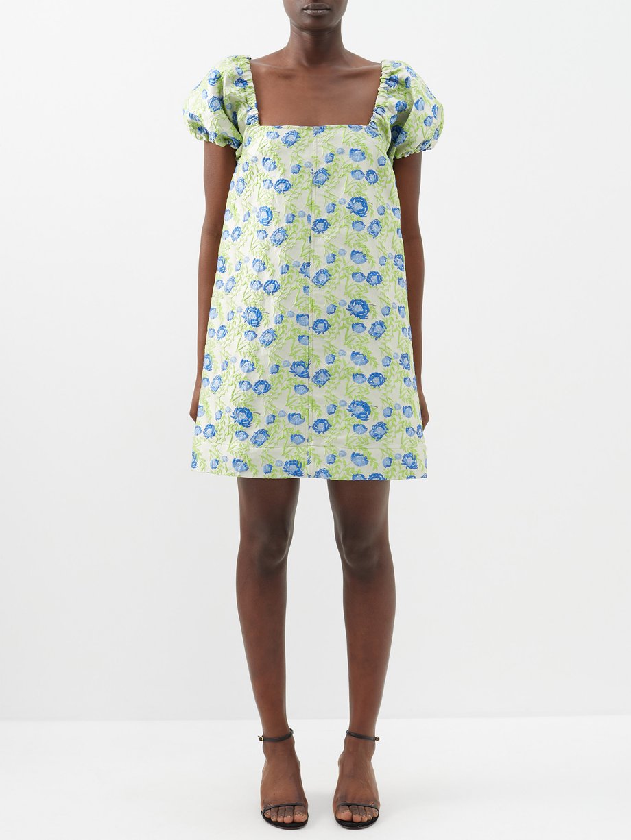 Green Square-neck floral-jacquard mini dress | Ganni | MATCHESFASHION AU
