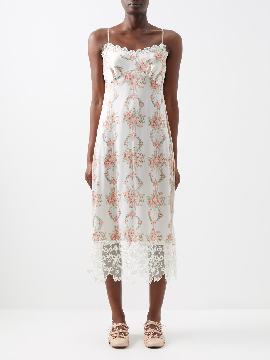Cream multi Lace-trimmed floral-print satin slip dress | Simone Rocha ...