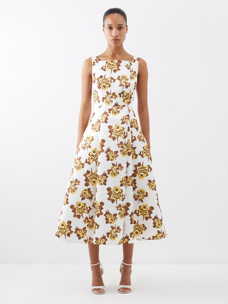 White multi Ellison floral-print pleated satin dress | Emilia