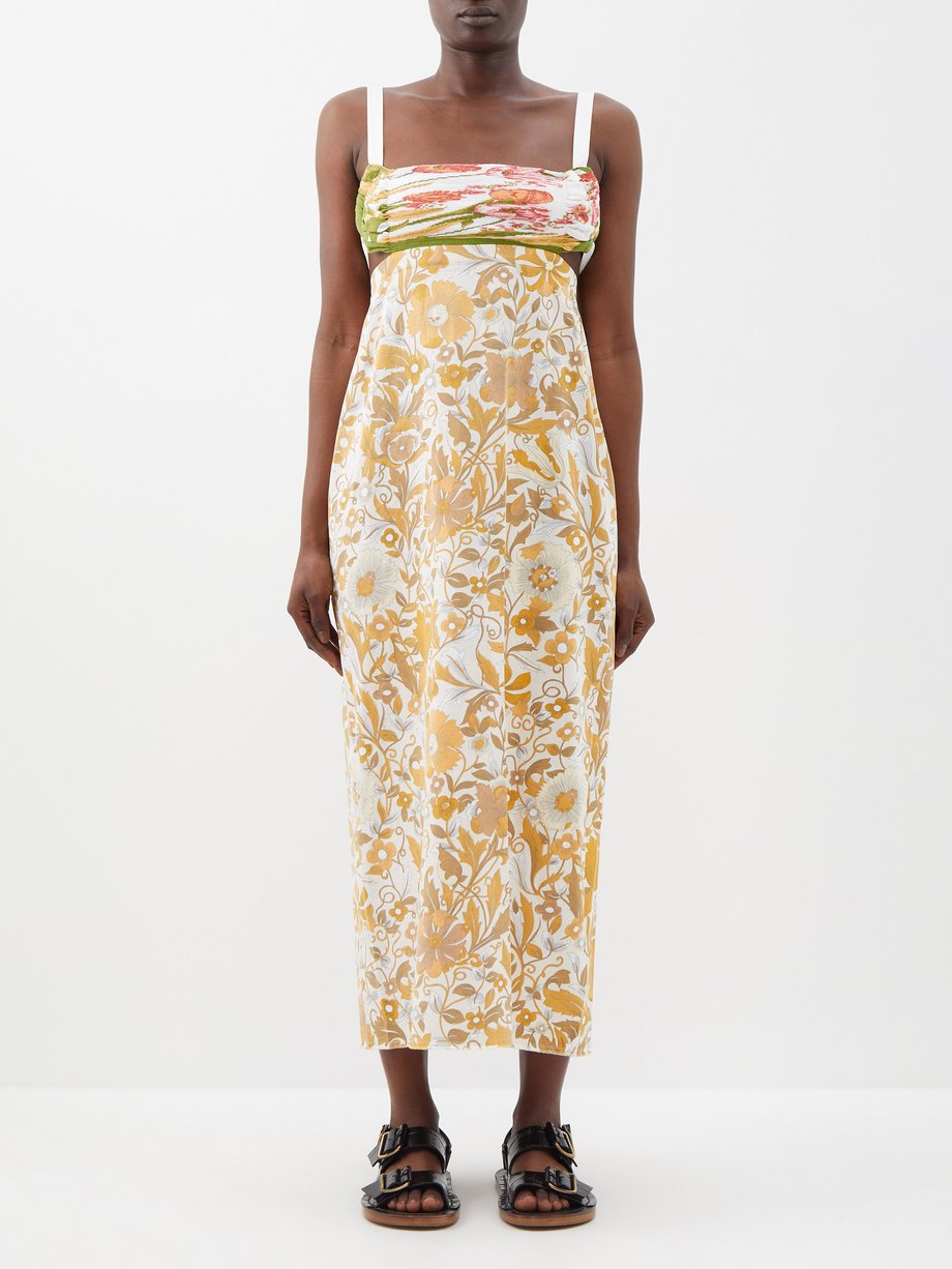 Yellow Tropicalia upcycled printed cotton midi dress | Renata Brenha ...