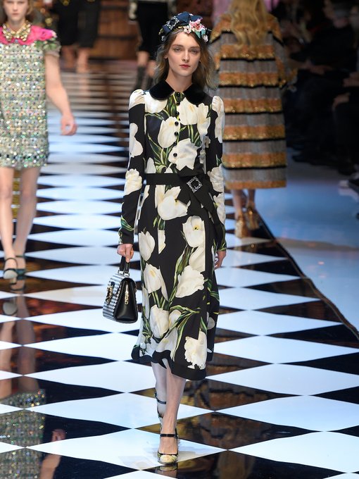 Velvet-collar tulip-print midi dress | Dolce & Gabbana | MATCHESFASHION US