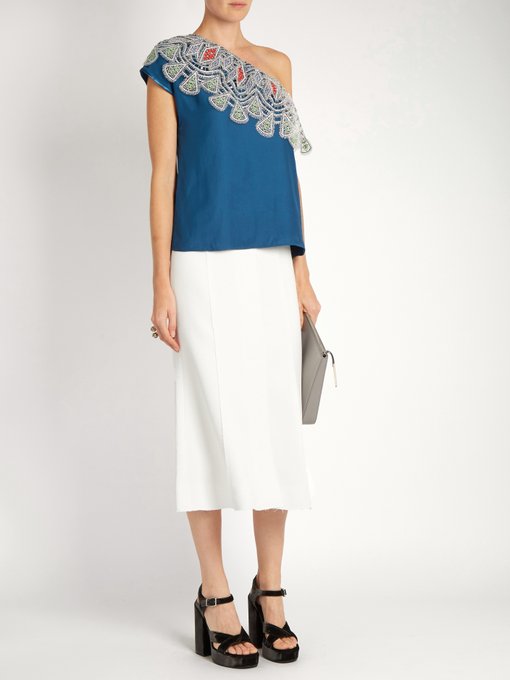 One-shoulder embroidered-lace crepe top展示图