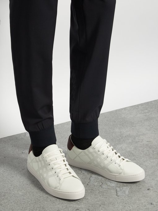 perforated check leather sneakers