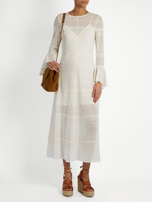 Bell-sleeve broderie-anglaise georgette midi dress | Saint Laurent ...