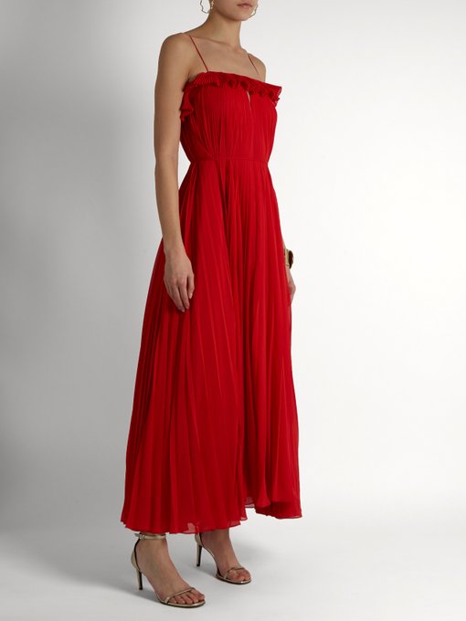 ADAM LIPPES Ruffled Pleated-Chiffon Gown in Colour: Lava-Red | ModeSens
