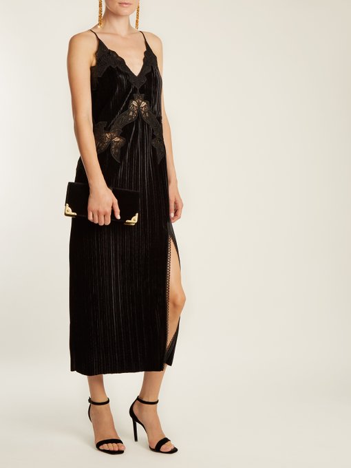 V-neck lace-trimmed velvet dress展示图