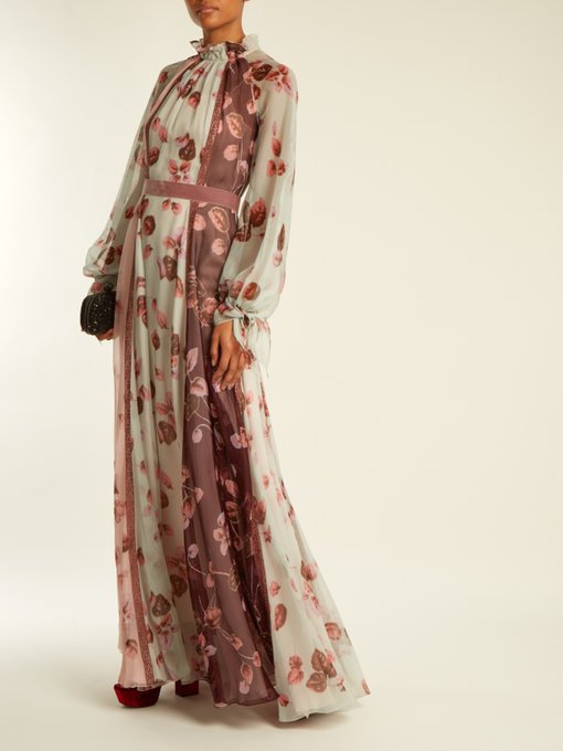 Floral-print ruffled-neck panelled silk gown展示图
