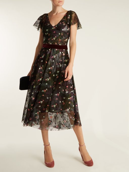 Floral-embroidered abstract-print tulle dress展示图