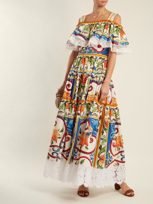 Majolica-print gathered cotton-blend dress | Dolce & Gabbana ...