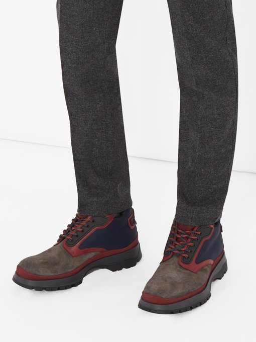 PRADA Contrast-Panel Suede And Leather Ankle Boots in Navy Multi | ModeSens