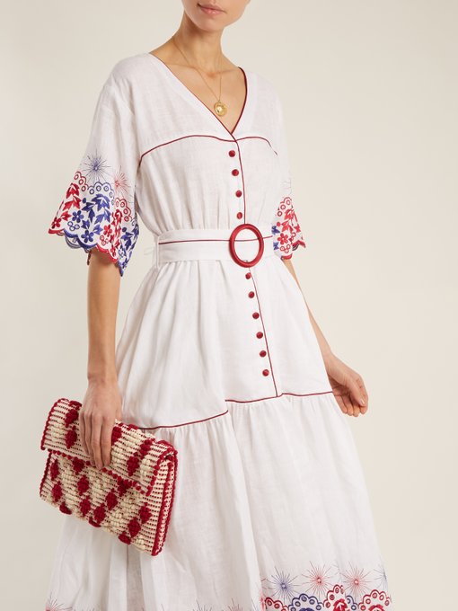 Belted embroidered linen dress展示图