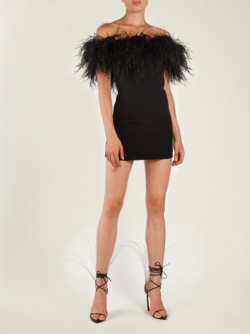 Off The Shoulder Ostrich Feather Trimmed Dress Saint Laurent Matchesfashion Us