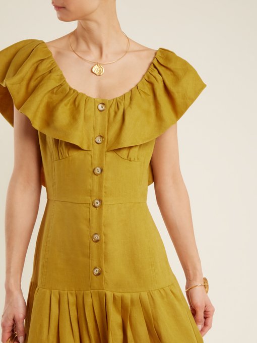 Goldie dropped-waist ruffled-neck linen dress展示图