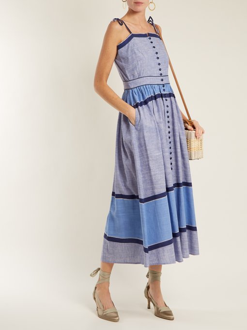 Striped linen-cotton midi dress展示图