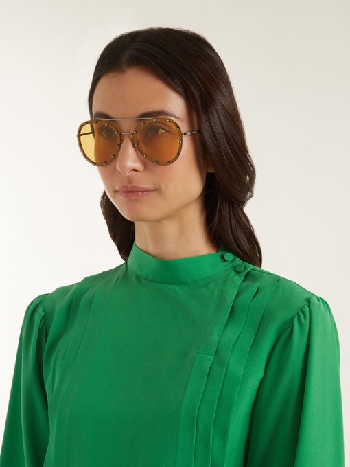 Crystal-embellished aviator metal sunglasses展示图