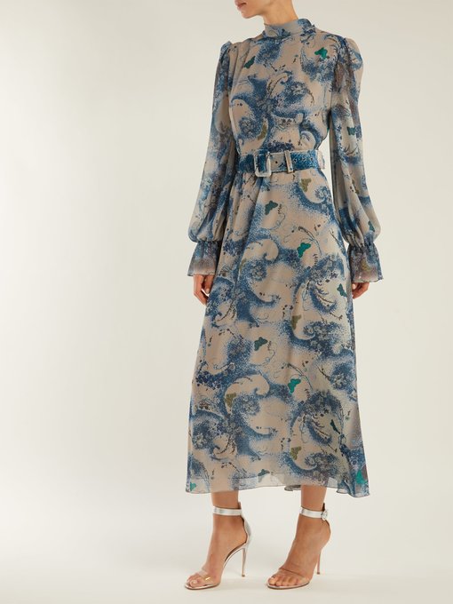 Wave and butterfly-print georgette midi dress展示图