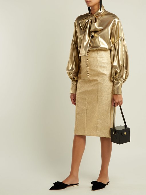 Metallic buttoned faux-leather pencil skirt展示图