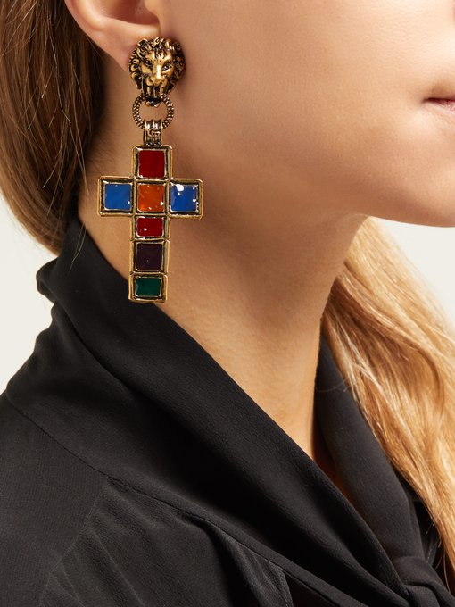 Enamelled cross clip earrings | Gucci 