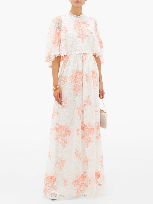 Rose-embroidered cape-sleeve lace gown | Giambattista Valli ...