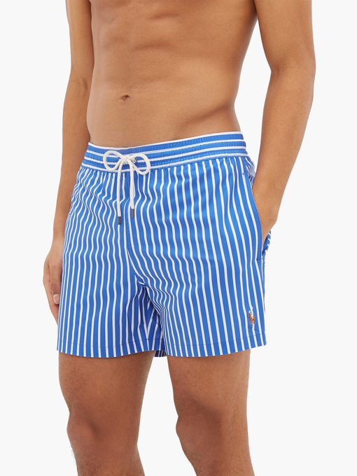 Logo-embroidered striped swim shorts 